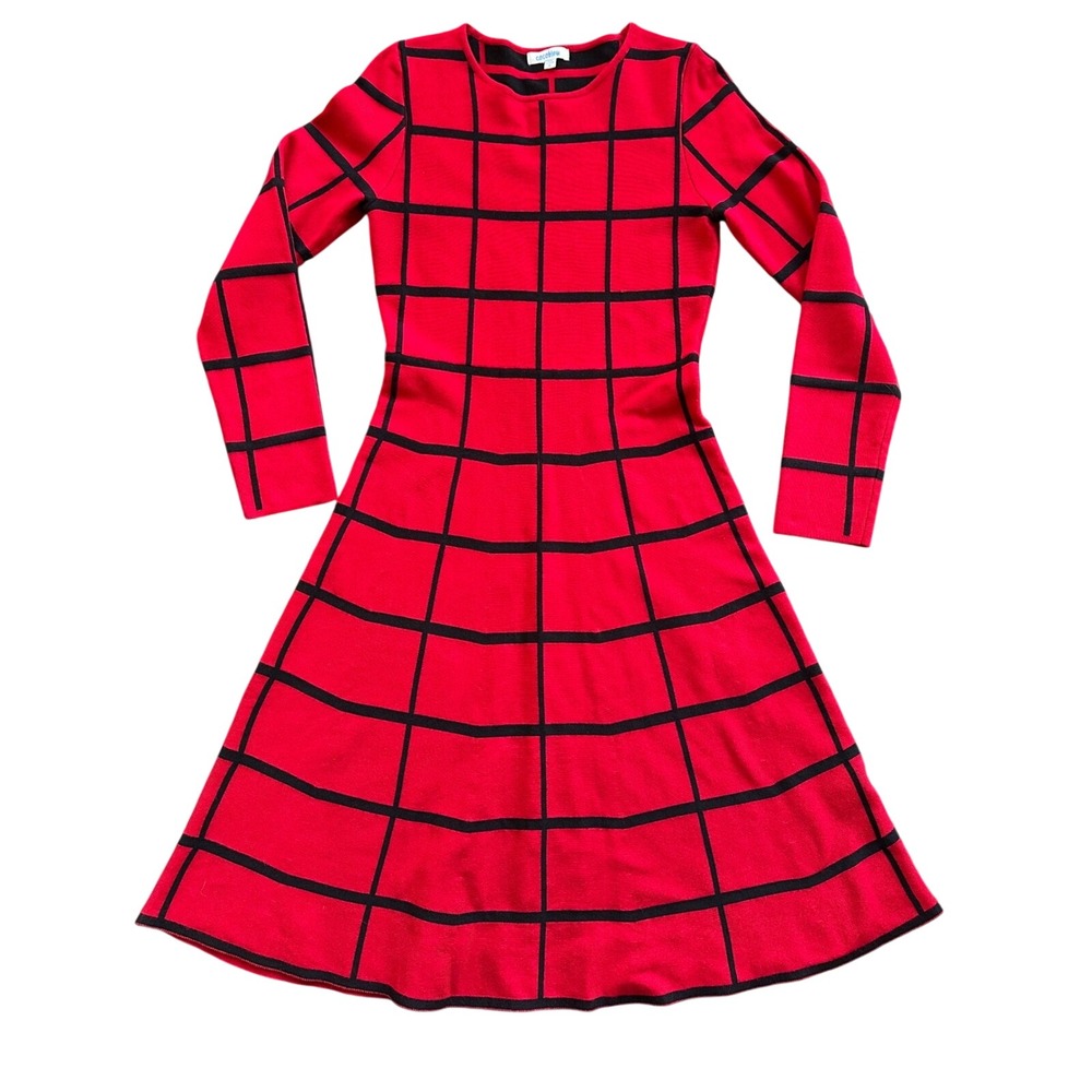 Cocobleu Womens Red Black Windowpane Grid Long Sleeve‎ Sweater Dress S